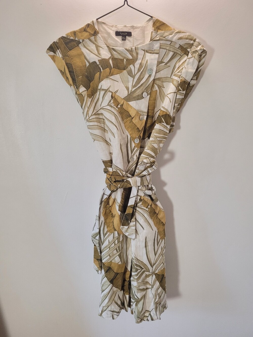 Massimo Dutti Palm Springs Leaf 100% Linen Midi White Green Tan Dress - Size 6